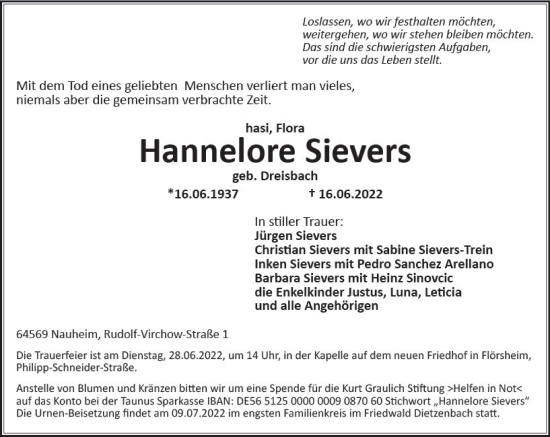 Traueranzeige von Hannelore Sievers von vrm-trauer Rüsselsheimer Echo / MainSpitze