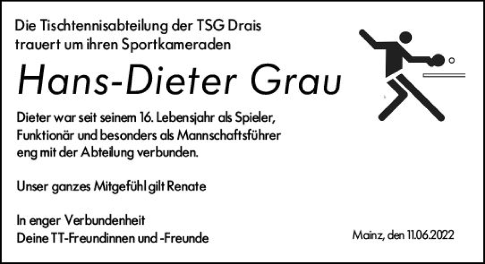  Traueranzeige für Hans-Dieter Grau vom 11.06.2022 aus vrm-trauer Allgemeine  Zeitung Ingelheim-Bingen
