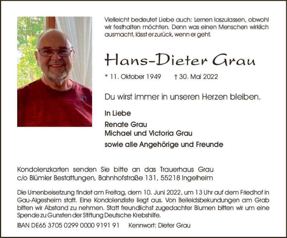  Traueranzeige für Hans-Dieter Grau vom 04.06.2022 aus vrm-trauer Allgemeine  Zeitung Ingelheim-Bingen