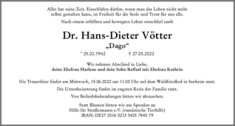  Traueranzeige für Hans-Dieter Vötter vom 04.06.2022 aus vrm-trauer Bergsträßer Anzeiger