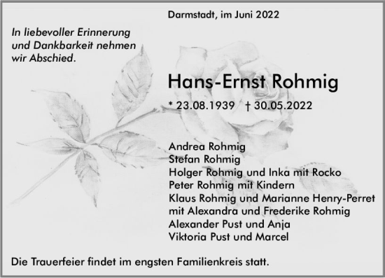 Traueranzeige von Hans-Ernst Rohmig von vrm-trauer Darmstädter Echo