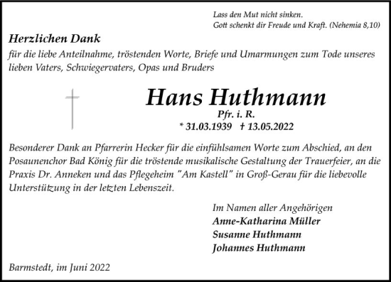 Traueranzeige von Hans Huthmann von vrm-trauer Odenwälder Echo