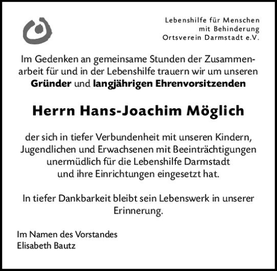 Traueranzeige von Hans-Joachim Möglich von vrm-trauer Darmstädter Echo