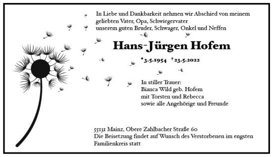 Traueranzeige von Hans-Jürgen Hoffem von vrm-trauer AZ Mainz