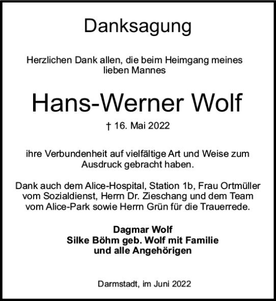 Traueranzeige von Hans-Werner Wolf von vrm-trauer Darmstädter Echo