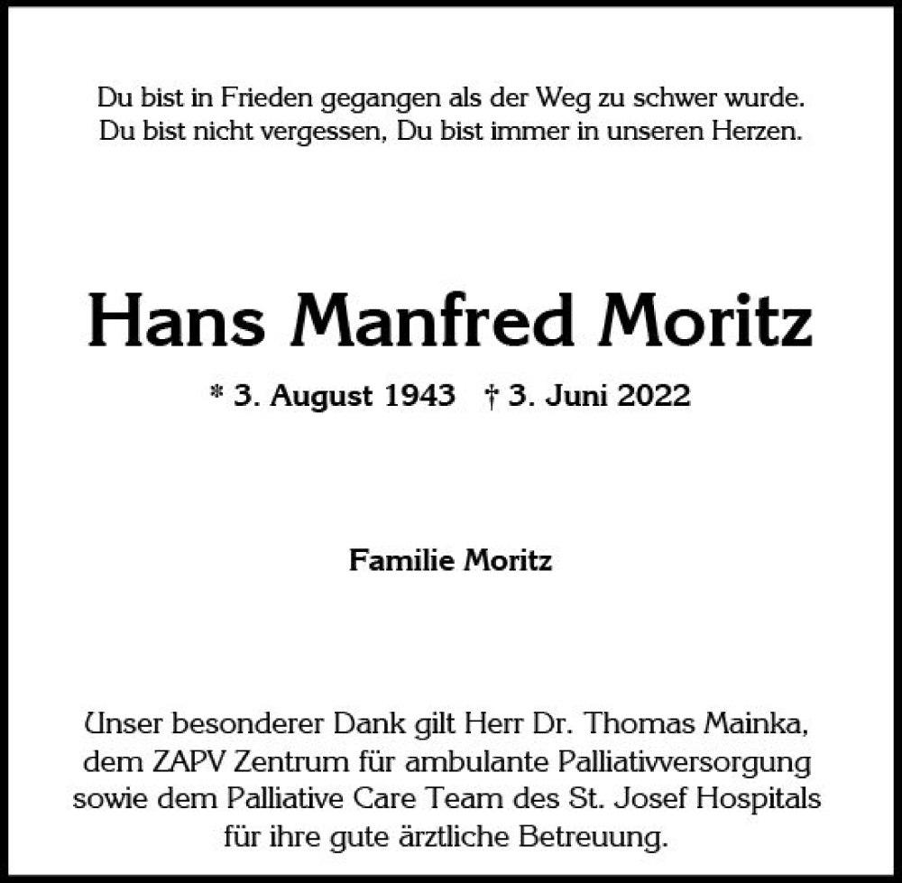  Traueranzeige für Hans Manfred Moritz vom 18.06.2022 aus vrm-trauer Wiesbadener Kurier