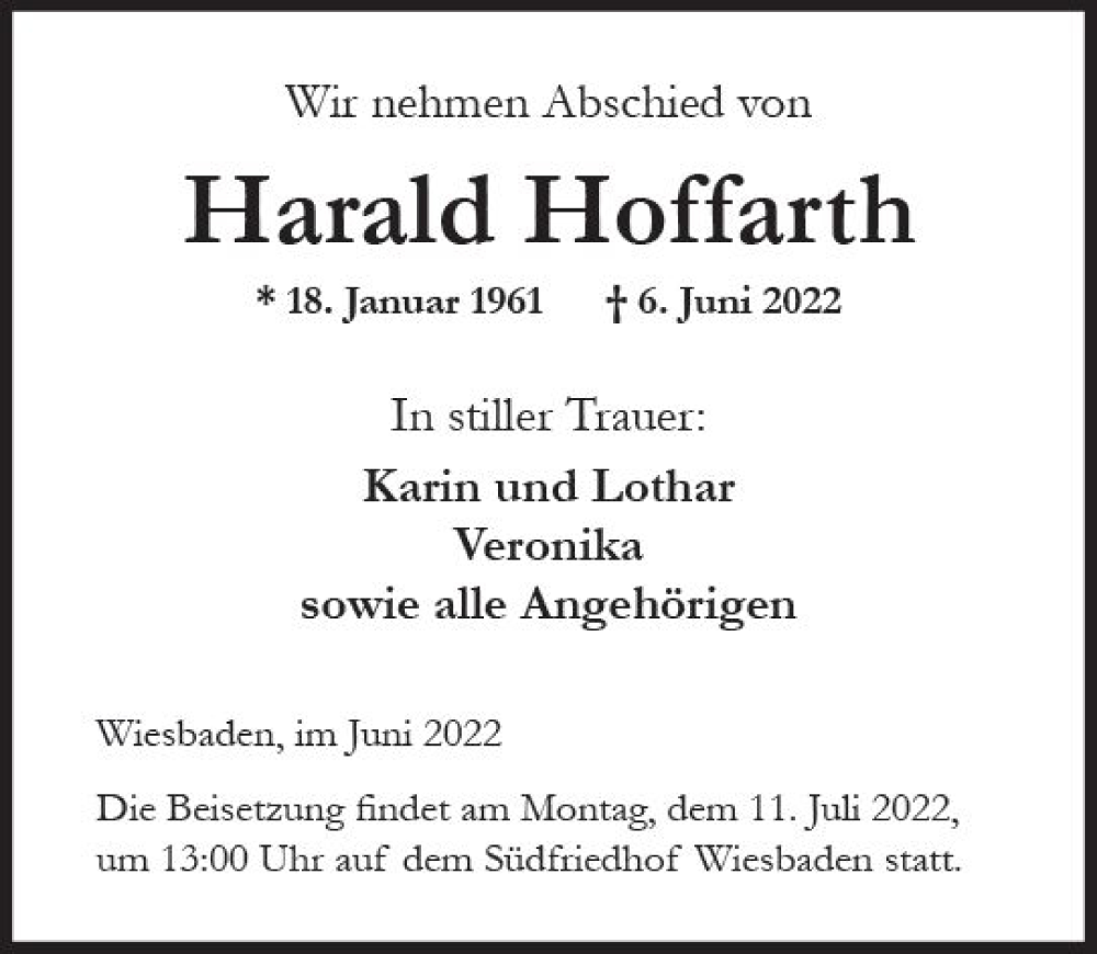  Traueranzeige für Harald Hoffarth vom 25.06.2022 aus vrm-trauer Wiesbadener Kurier
