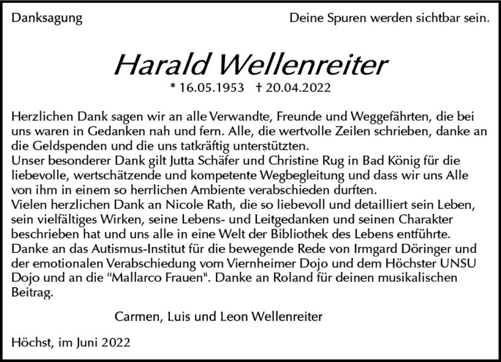  Traueranzeige für Harald Wellenreiter vom 04.06.2022 aus vrm-trauer Odenwälder Echo