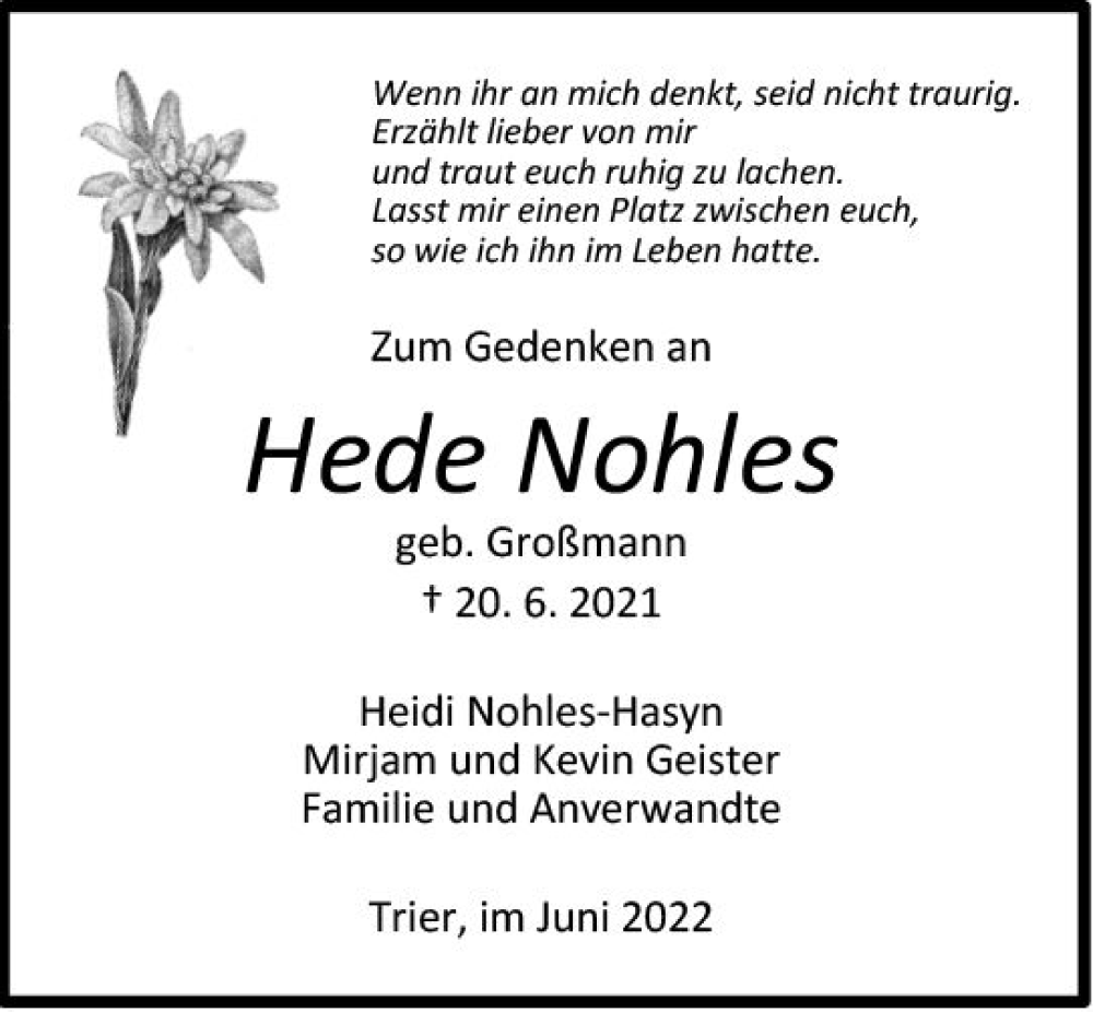  Traueranzeige für Hede Nohles vom 18.06.2022 aus vrm-trauer Allgemeine  Zeitung Ingelheim-Bingen
