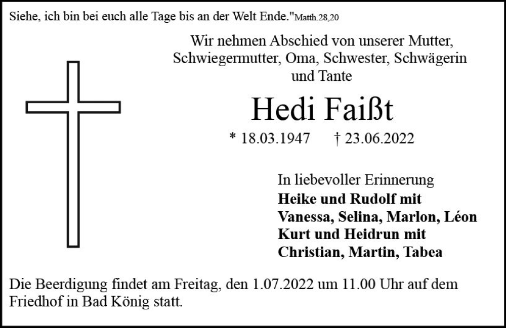 Traueranzeige für Hedi Faißt vom 25.06.2022 aus vrm-trauer Odenwälder Echo