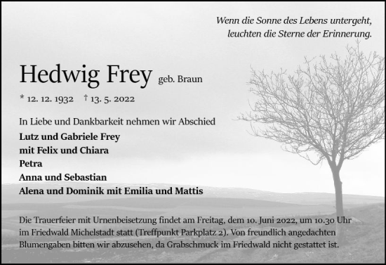 Traueranzeige von Hedwig Frey von vrm-trauer Odenwälder Echo