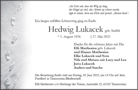 Traueranzeige von Hedwig Lukacek von vrm-trauer Wiesbadener Kurier