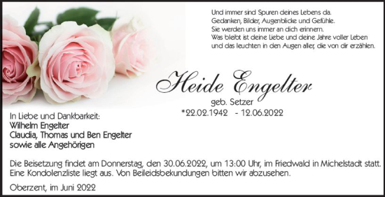 Traueranzeige von Heide Engelter von vrm-trauer Odenwälder Echo