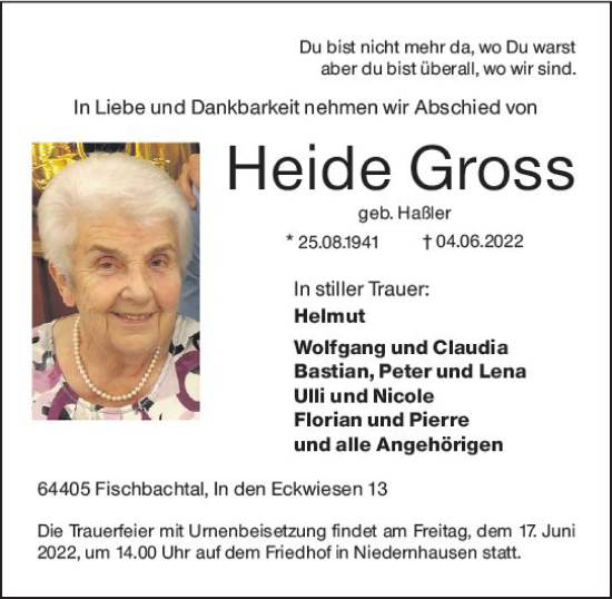 Traueranzeige von Heide Gross von vrm-trauer Darmstädter Echo