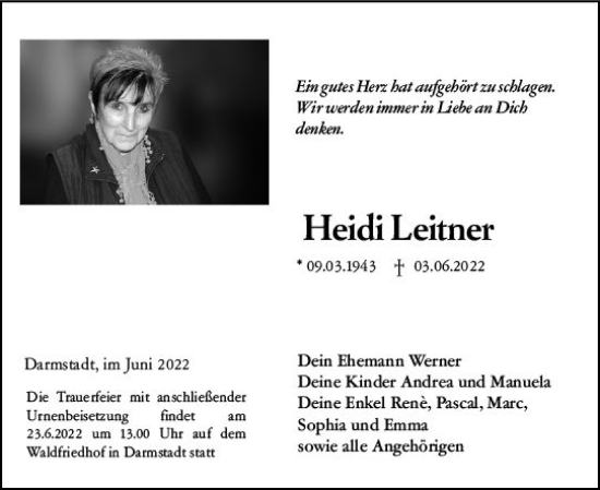 Traueranzeige von Heidi Leitner von vrm-trauer Darmstädter Echo