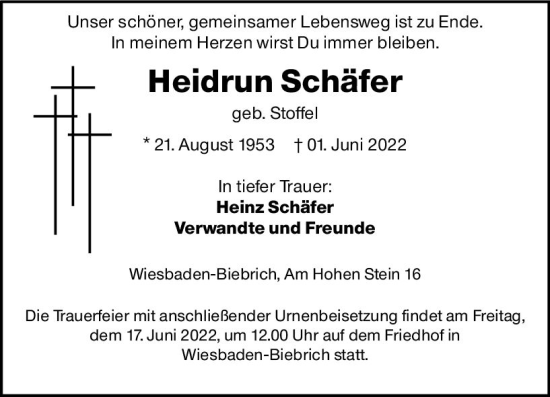 Traueranzeige von Heidrun Schäfer von vrm-trauer Wiesbadener Kurier