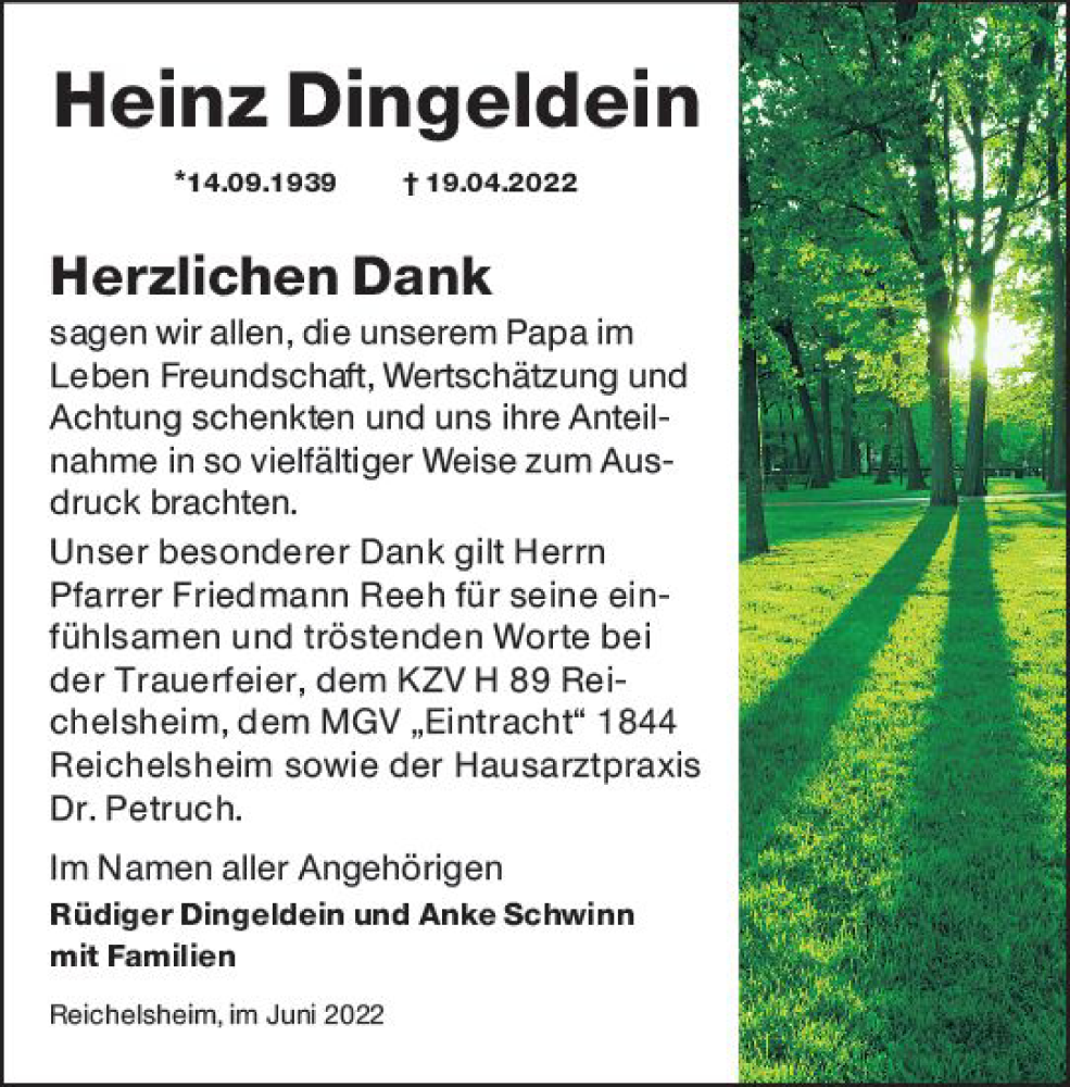  Traueranzeige für Heinz Dingeldein vom 11.06.2022 aus vrm-trauer Odenwälder Echo