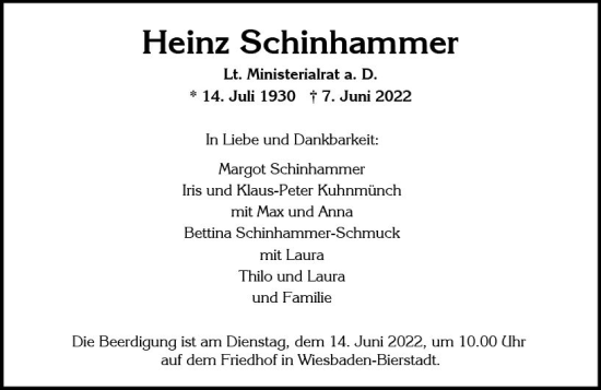 Traueranzeige von Heinz Schinhammer von vrm-trauer Wiesbadener Kurier