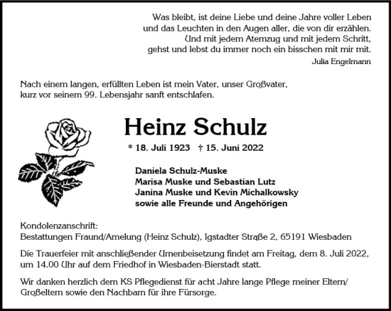 Traueranzeige von Heinz Schulz von vrm-trauer Wiesbadener Kurier