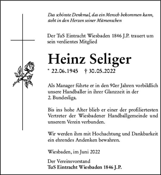 Traueranzeige von Heinz Seliger von vrm-trauer Wiesbadener Kurier