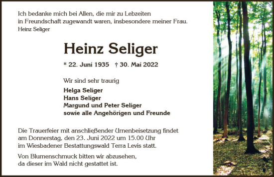 Traueranzeige von Heinz Seliger von vrm-trauer Wiesbadener Kurier