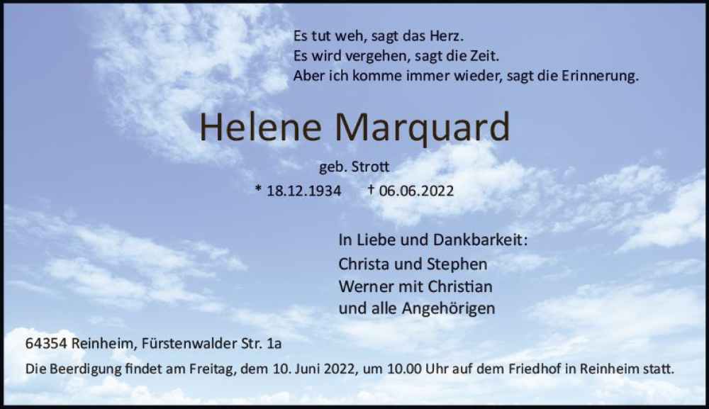 Traueranzeige für Helene Marquard vom 09.06.2022 aus vrm-trauer Odenwälder Echo