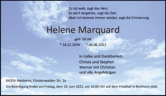 Traueranzeige von Helene Marquard von vrm-trauer Odenwälder Echo