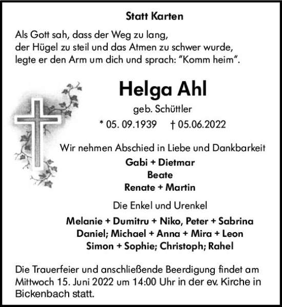 Traueranzeige von Helga Ahl von vrm-trauer Darmstädter Echo