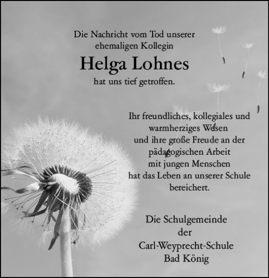 Traueranzeige von Helga Lohnes von vrm-trauer Odenwälder Echo