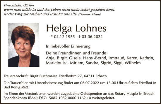 Traueranzeige von Helga Lohnes von vrm-trauer Odenwälder Echo