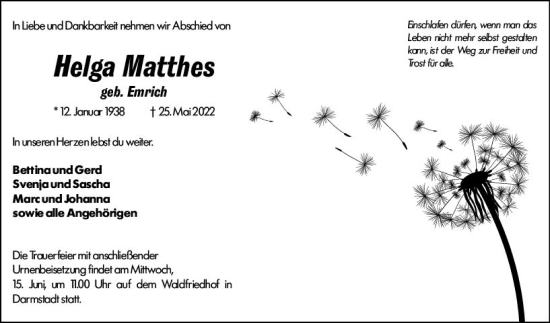Traueranzeige von Helga Matthes von vrm-trauer Darmstädter Echo
