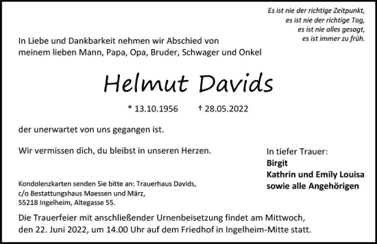 Traueranzeige von Helmut Davids von vrm-trauer Allgemeine  Zeitung Ingelheim-Bingen