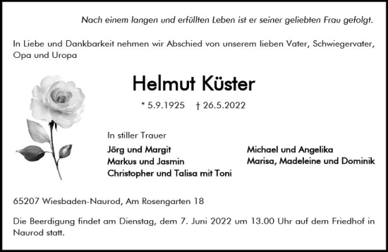 Traueranzeige von Helmut Küster von vrm-trauer Wiesbadener Kurier
