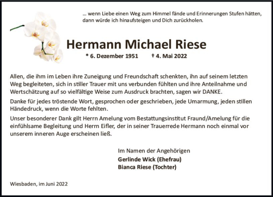 Traueranzeige von Hermann Michael Riese von vrm-trauer Wiesbadener Kurier