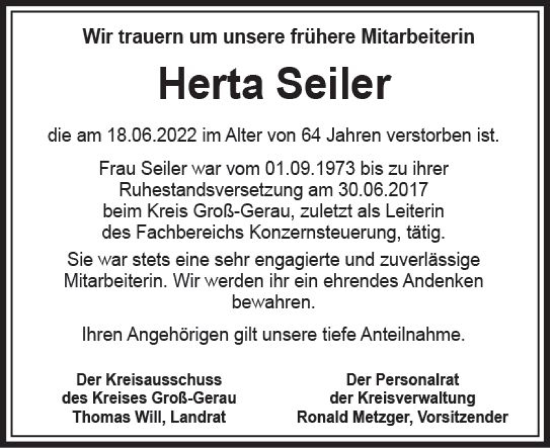 Traueranzeige von Herta Seiler von vrm-trauer Groß-Gerauer Echo