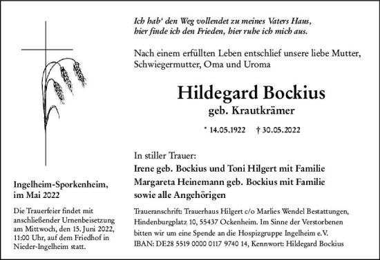 Traueranzeige von Hildegard Bockius von vrm-trauer Allgemeine  Zeitung Ingelheim-Bingen