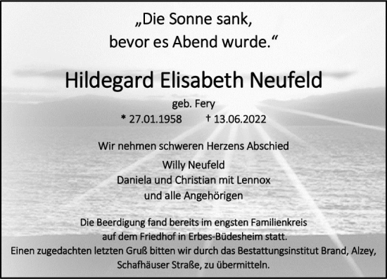 Traueranzeige von Hildegard Elisabeth Neufeld von vrm-trauer Allgemeine Zeitung Alzey