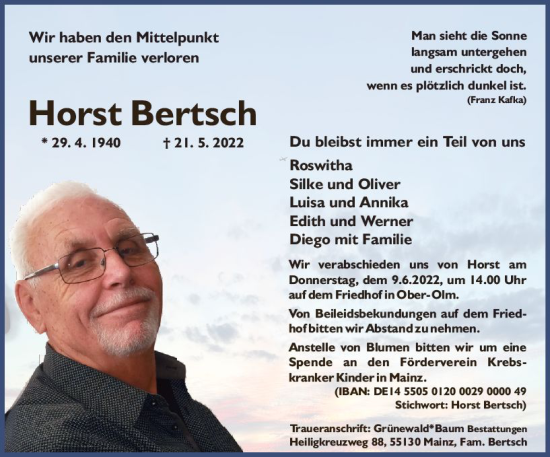 Traueranzeige von Horst Bertsch von vrm-trauer AZ Mainz