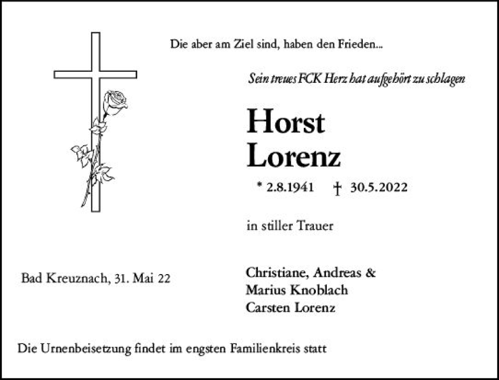  Traueranzeige für Horst Lorenz vom 02.06.2022 aus vrm-trauer Allg. Zeitung Bad Kreuznach