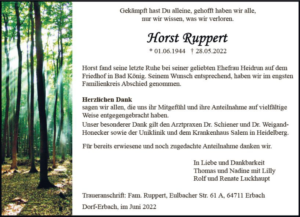  Traueranzeige für Horst Ruppert vom 11.06.2022 aus vrm-trauer Odenwälder Echo