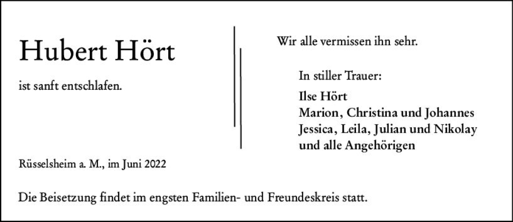 Traueranzeige für Hubert Hört vom 18.06.2022 aus vrm-trauer Rüsselsheimer Echo / MainSpitze