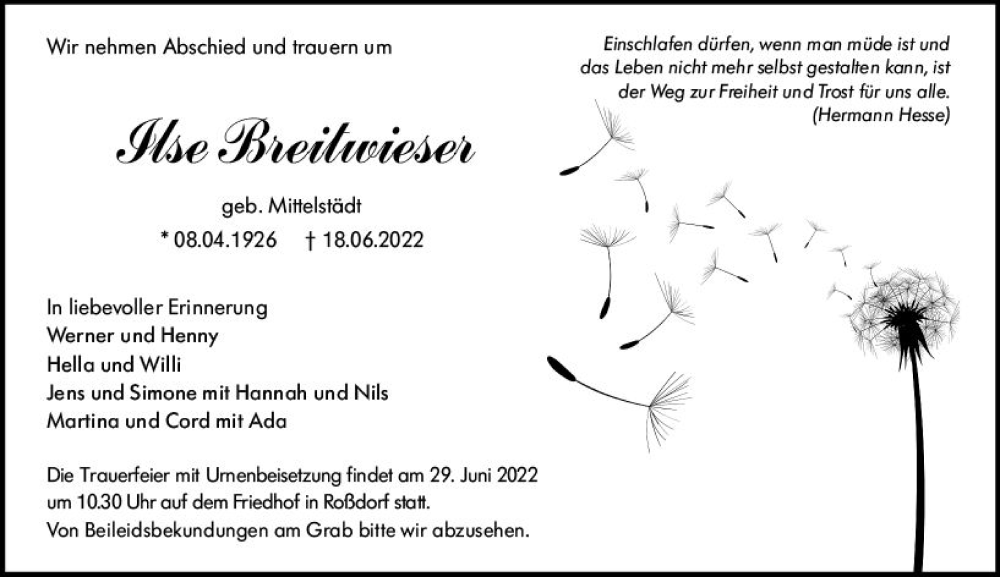  Traueranzeige für Ilse Breitwieser vom 25.06.2022 aus vrm-trauer Darmstädter Echo