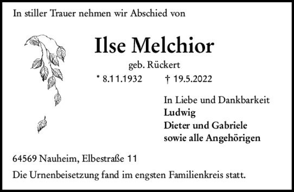  Traueranzeige für Ilse Melchior vom 04.06.2022 aus vrm-trauer Groß-Gerauer Echo