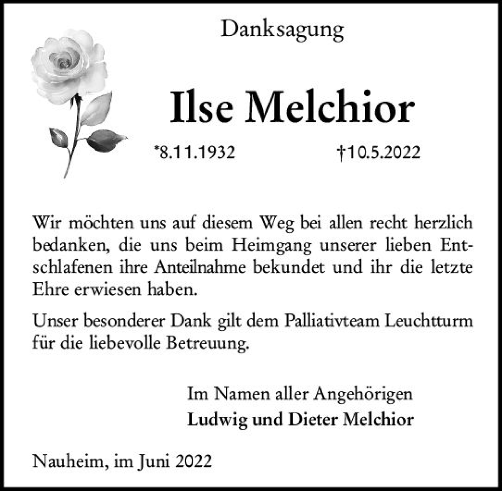  Traueranzeige für Ilse Melchior vom 18.06.2022 aus vrm-trauer Groß-Gerauer Echo