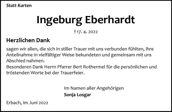 Traueranzeige von Ingeburg Eberhardt von vrm-trauer Odenwälder Echo