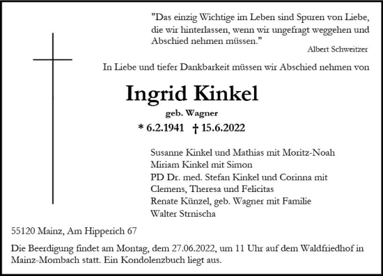 Traueranzeige von Ingrid Kinkel von vrm-trauer AZ Mainz
