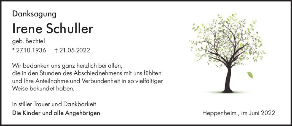  Traueranzeige für Irene Schuller vom 11.06.2022 aus vrm-trauer Bürstädter/Lamperth. Ztg/Starkenburger