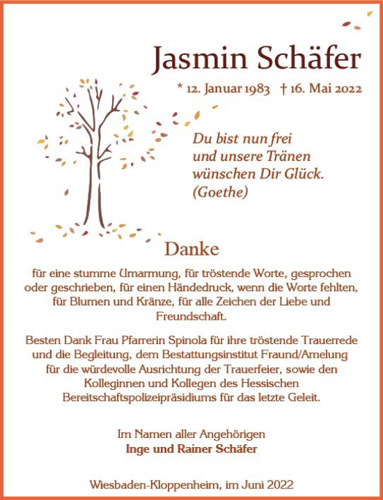 Traueranzeige von Jasmin Schäfer von vrm-trauer Wiesbadener Kurier
