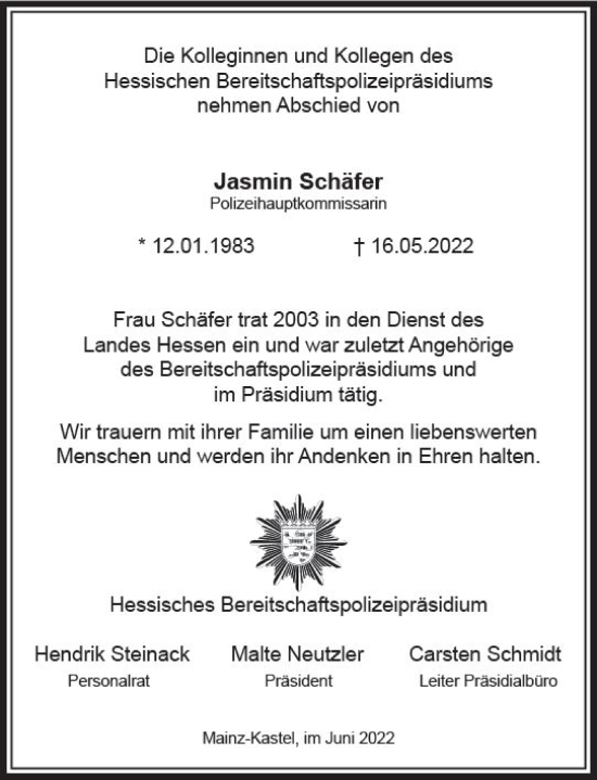 Traueranzeige von Jasmin Schäfer von vrm-trauer Wiesbadener Kurier