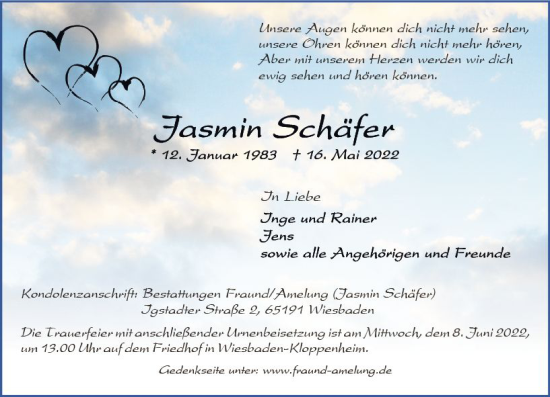 Traueranzeige von Jasmin Schäfer von vrm-trauer Wiesbadener Kurier